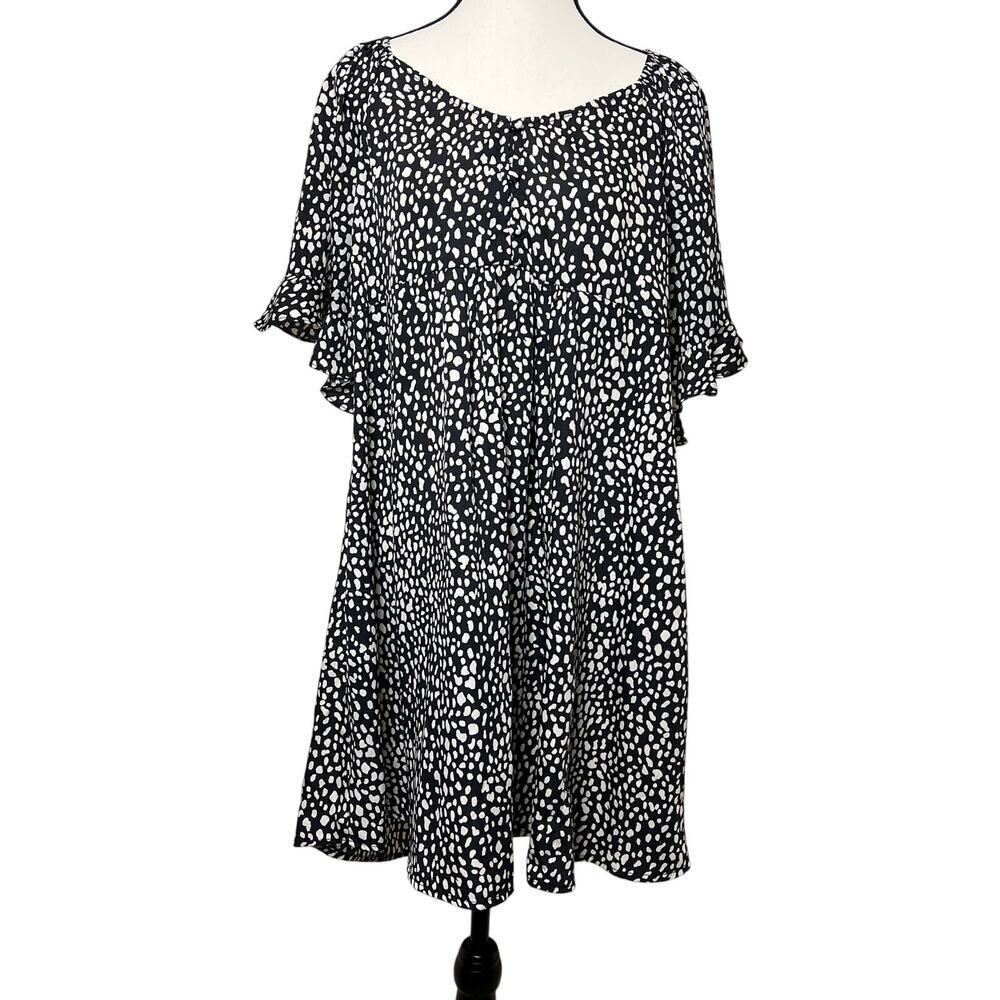 Umgee Dalmation Black White Print Lightweight Short Sleeve Swing Dress Size L